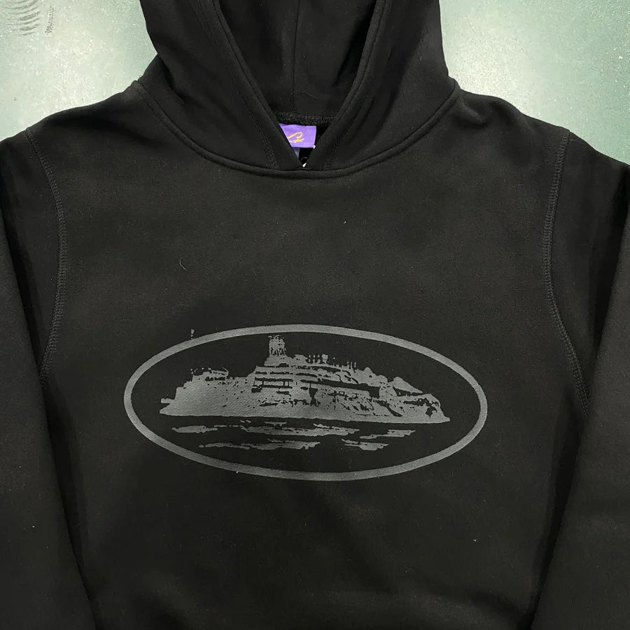 Corteiz Triple Black Alcatraz Logo Hoodie